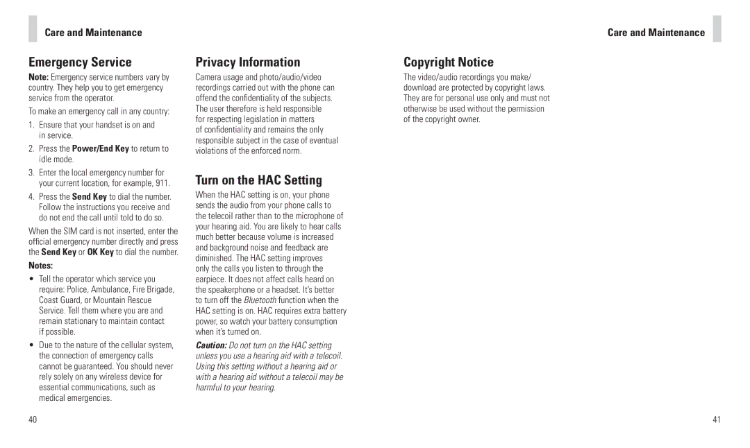 AT&T F160 user manual Emergency Service, Privacy Information, Turn on the HAC Setting, Copyright Notice 