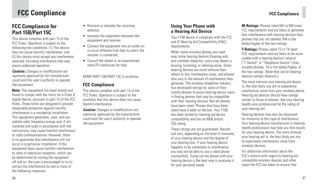 AT&T F160 user manual FCC Compliance for Part 15B/Part 15C, Using Your Phone with a Hearing Aid Device 