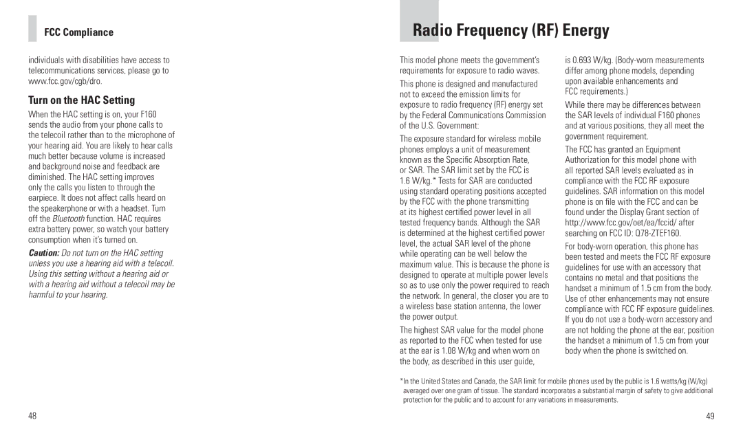 AT&T F160 user manual Radio Frequency RF Energy, Turn on the HAC Setting, FCC requirements 