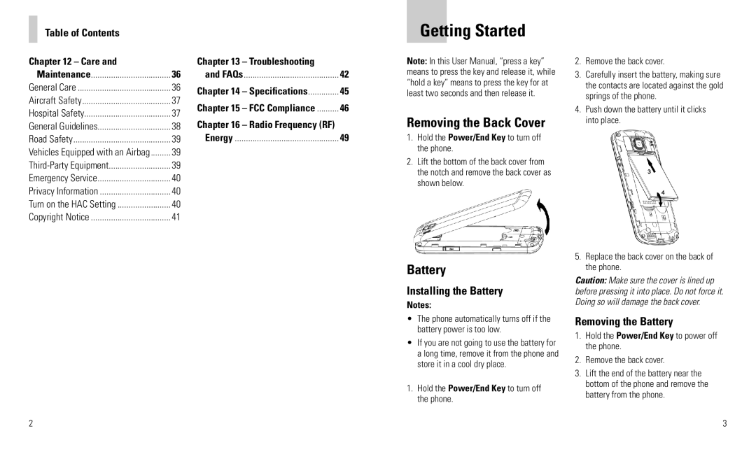 AT&T F160 user manual Getting Started, Removing the Back Cover, Installing the Battery, Removing the Battery 