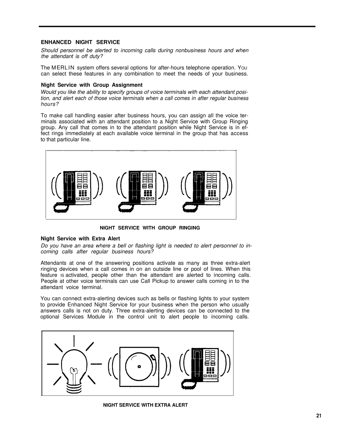 AT&T Feature Model 5 manual Enhanced Night Service, Night Service with Group Assignment, Night Service with Extra Alert 