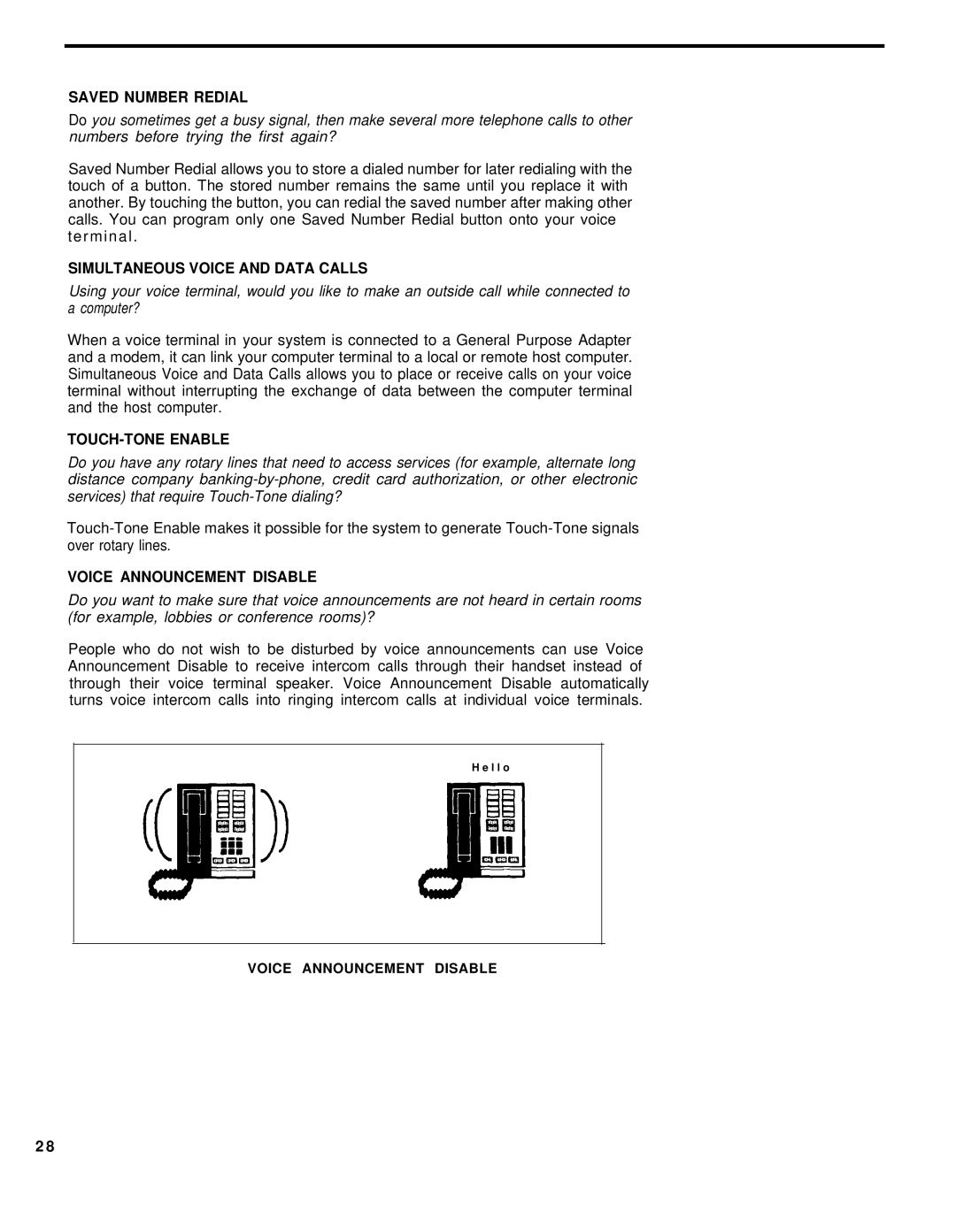 AT&T Feature Model 5 Saved Number Redial, Simultaneous Voice and Data Calls, TOUCH-TONE Enable, Voice Announcement Disable 