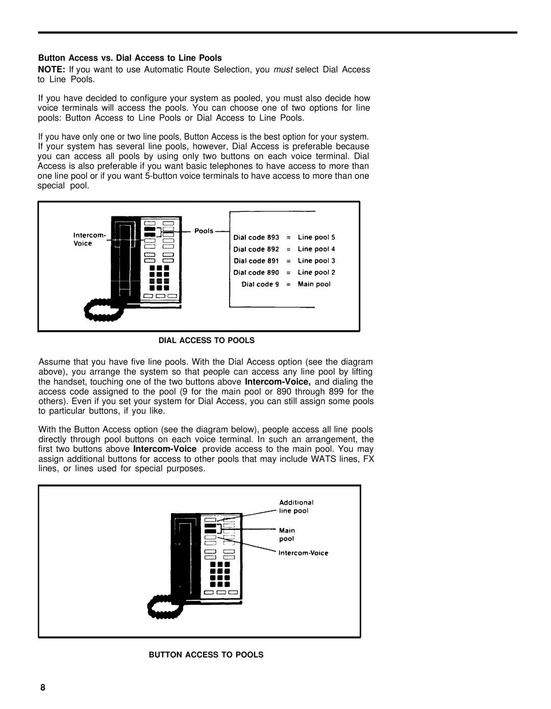 AT&T Feature Model 5 manual Button Access vs. Dial Access to Line Pools 