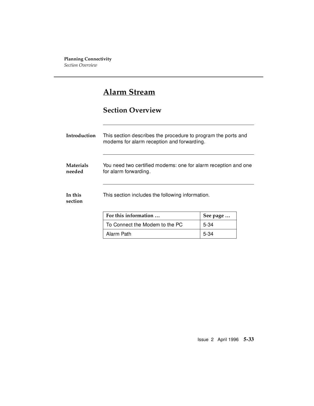 AT&T G3 manual Alarm Stream, Section Overview 