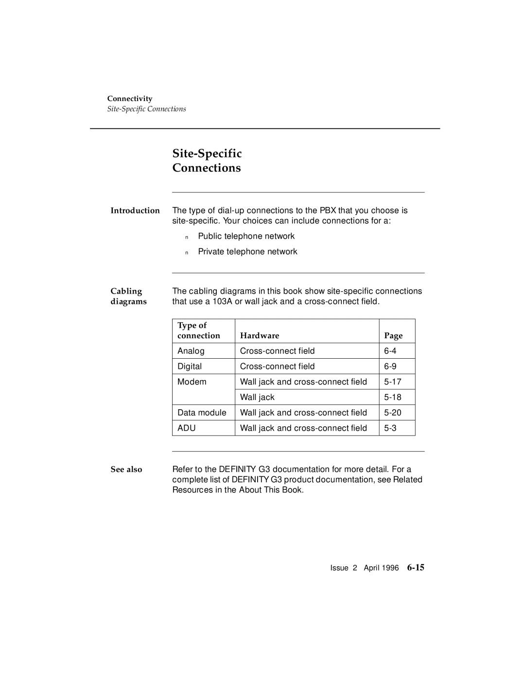 AT&T G3 manual Site-Specific Connections, Cabling, Diagrams, Type Connection Hardware 