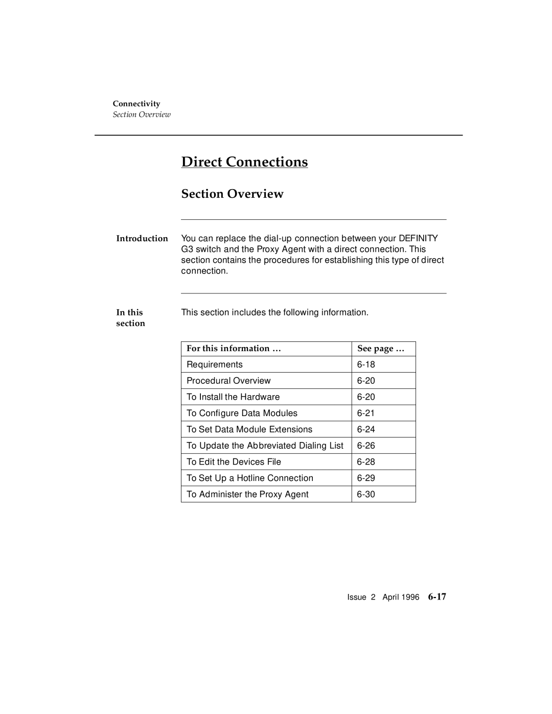 AT&T G3 manual Direct Connections, Section Overview 