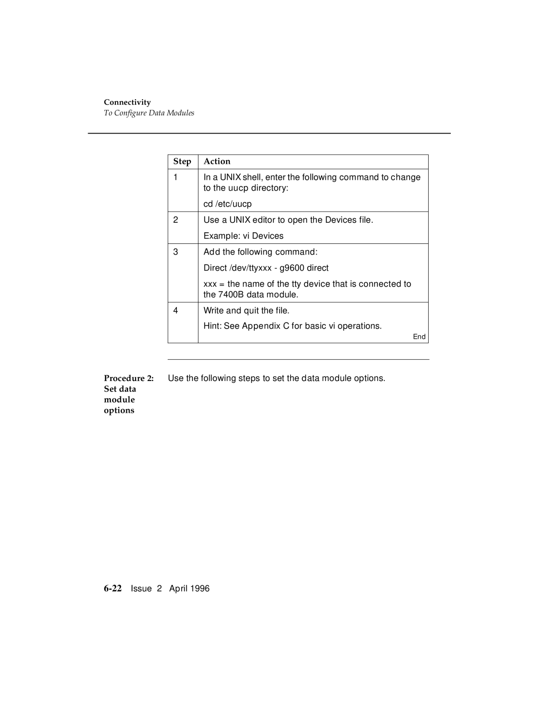 AT&T G3 manual Step Action, Set data module options 