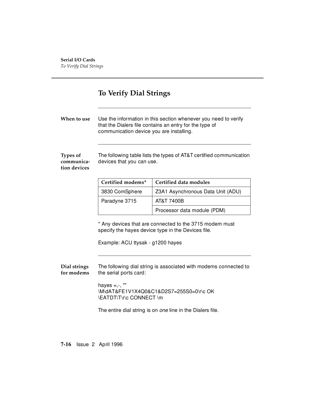 AT&T G3 To Verify Dial Strings, Communica, Tion devices Certified modems Certified data modules, Dial strings, For modems 