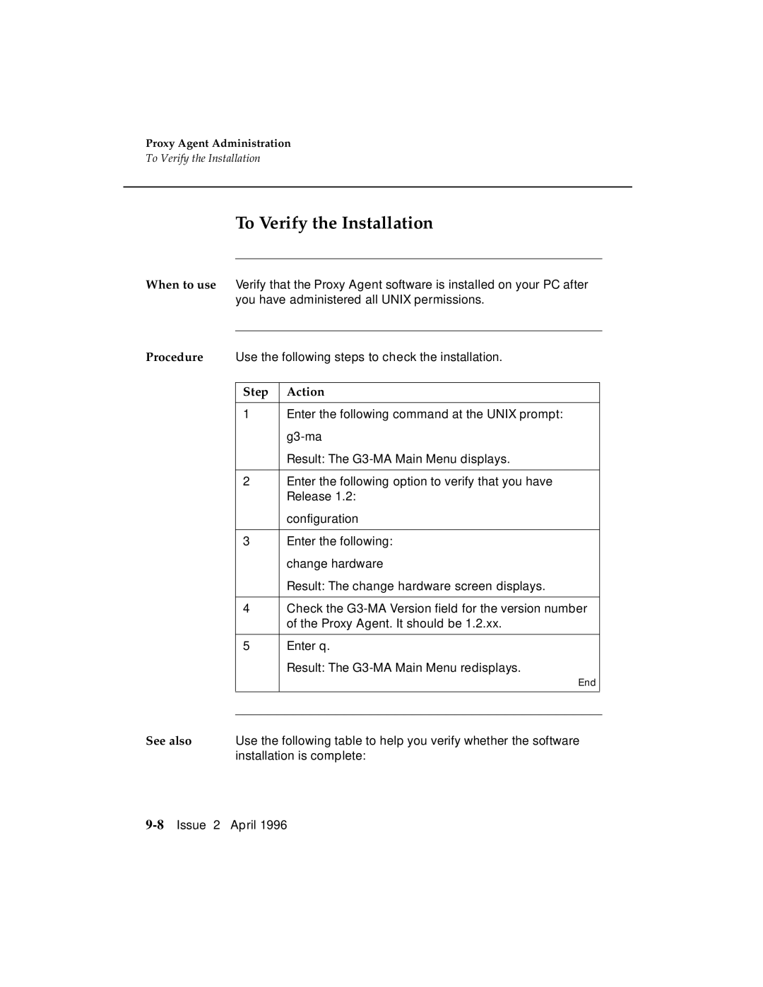 AT&T G3 manual To Verify the Installation, Step Action 