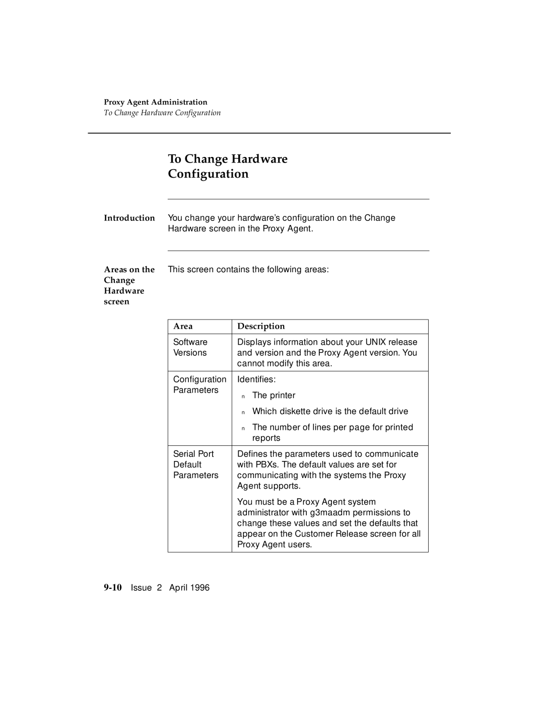 AT&T G3 manual To Change Hardware Configuration, Change Hardware screen Area Description 