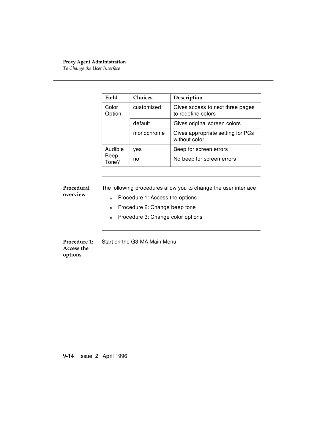 AT&T G3 manual Field Choices Description, Access Options 