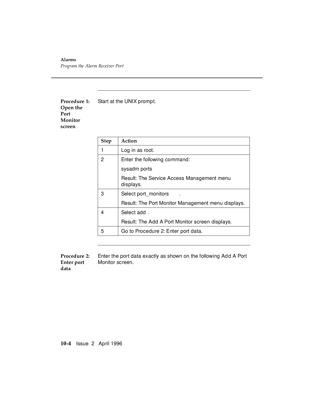 AT&T G3 manual Open the Port Monitor screen Step Action, 10-4Issue 2 April 