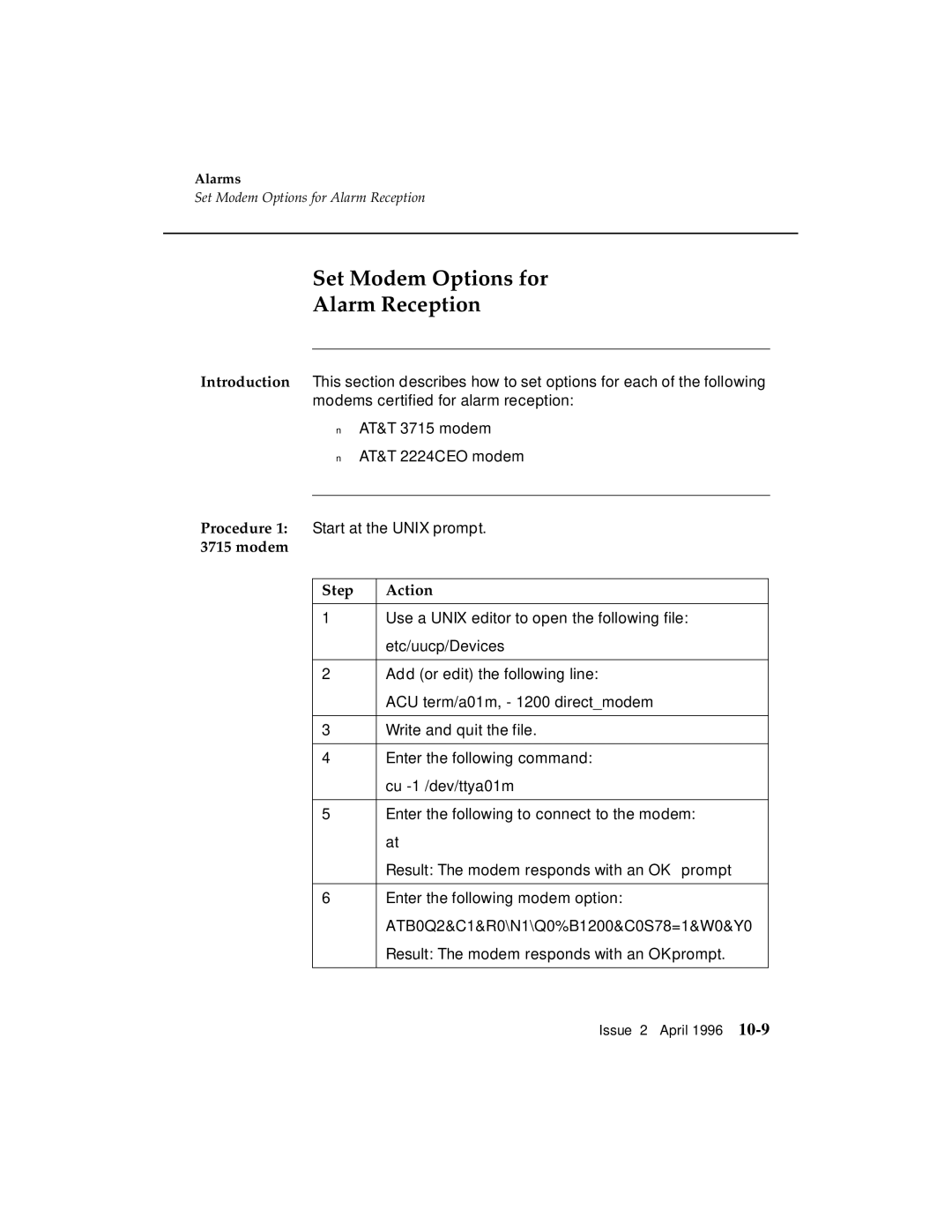 AT&T G3 manual Set Modem Options for Alarm Reception, Modem Step Action 