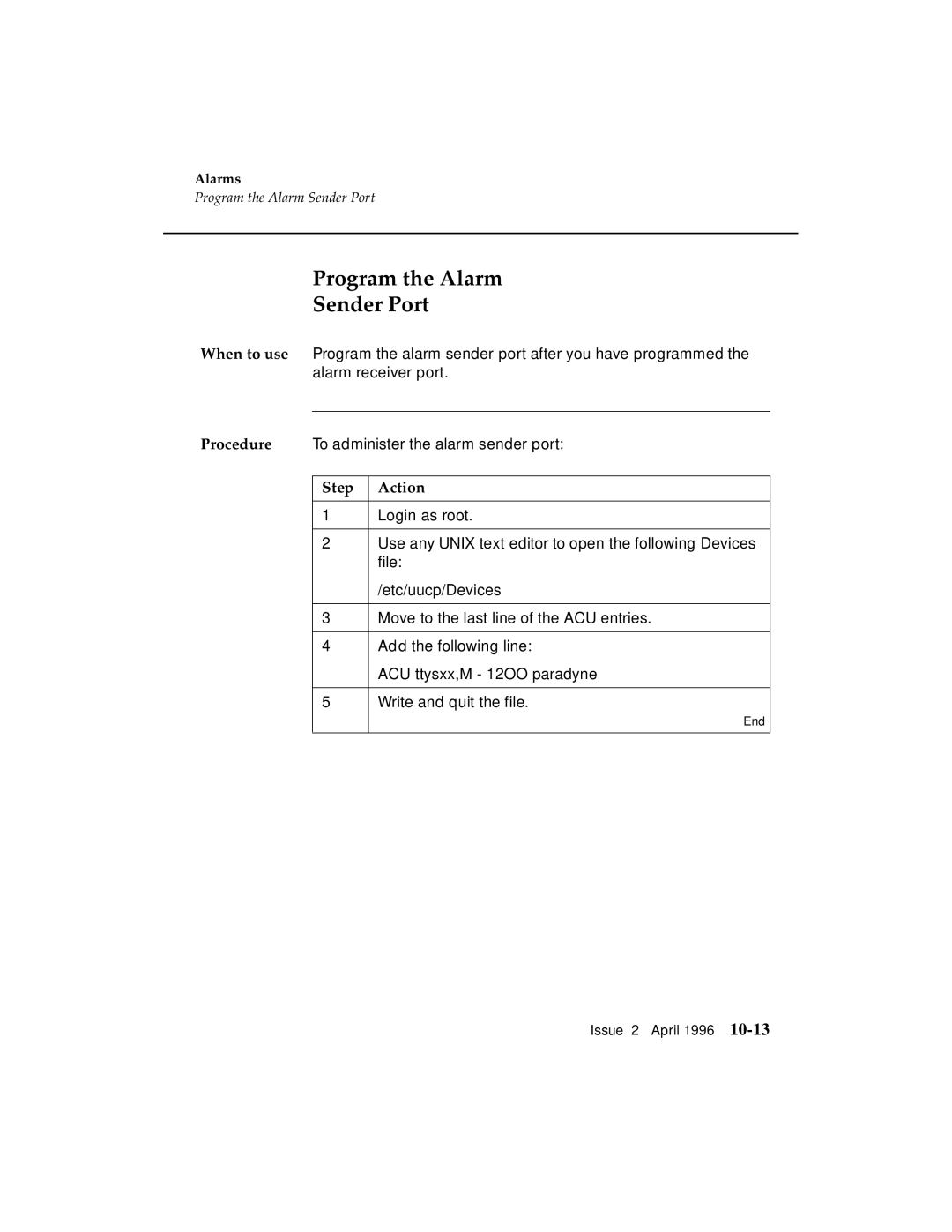 AT&T G3 manual Program the Alarm Sender Port, Step Action 