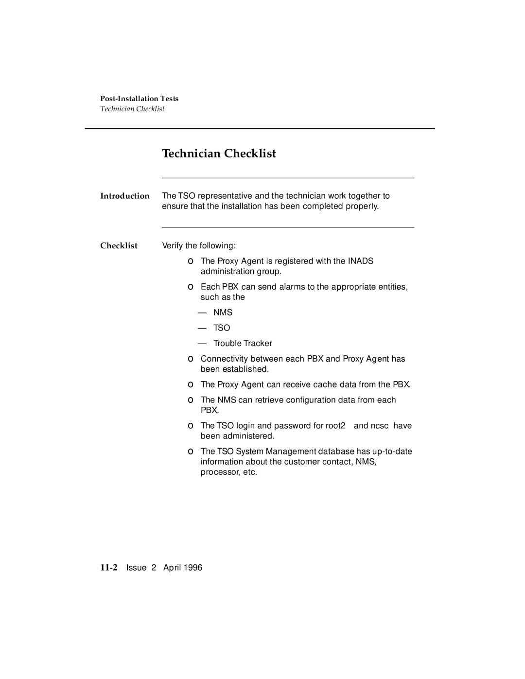 AT&T G3 manual Technician Checklist, Nms Tso 