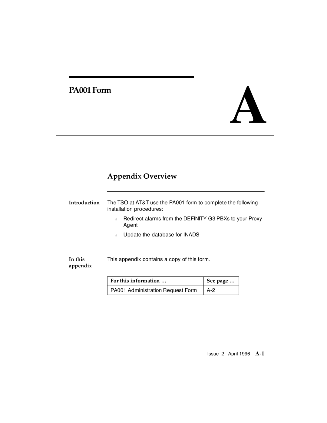 AT&T G3 manual PA001 Form, Appendix Overview, Appendix For this information … See page … 