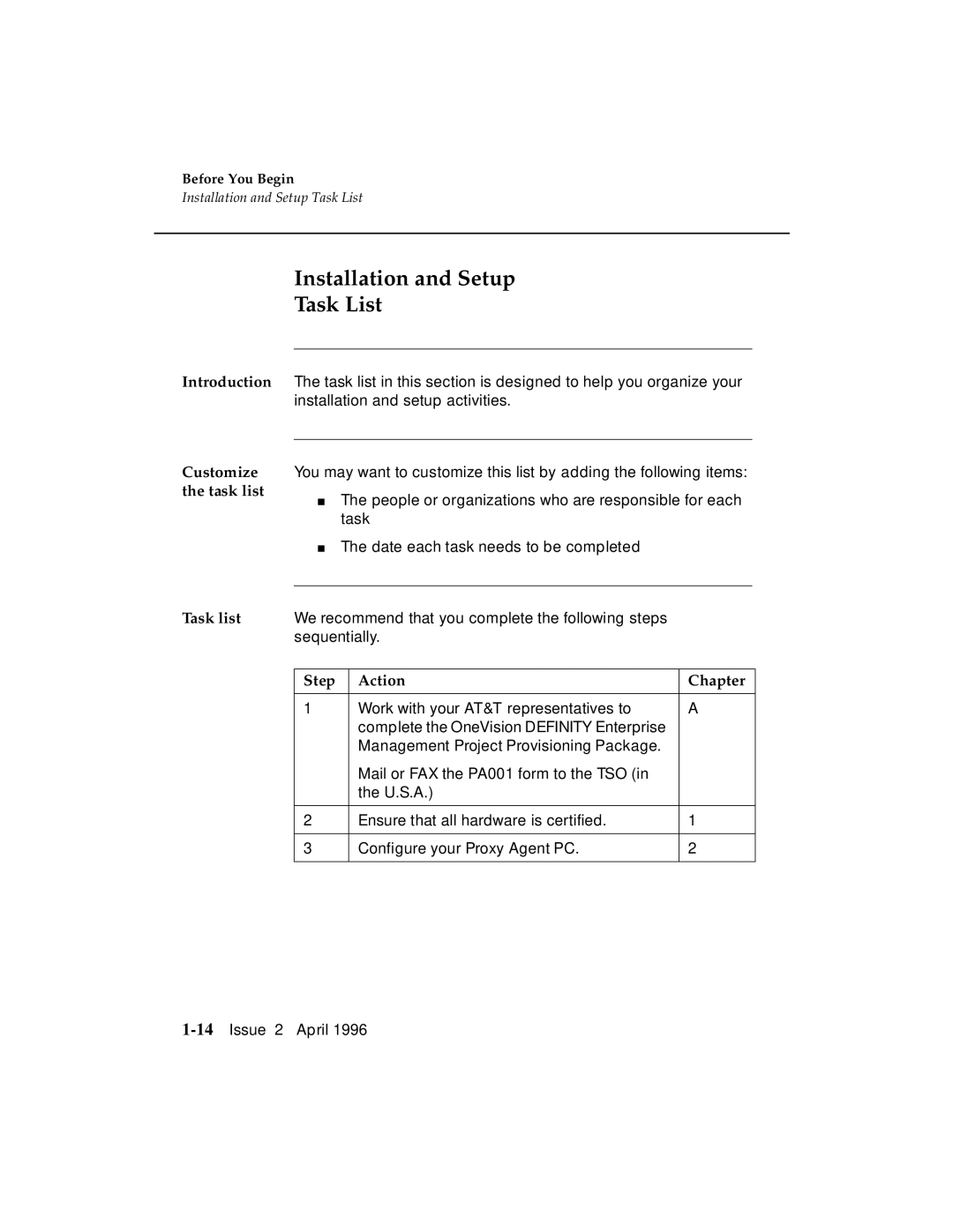 AT&T G3 manual Installation and Setup Task List, Task list, Step Action Chapter 