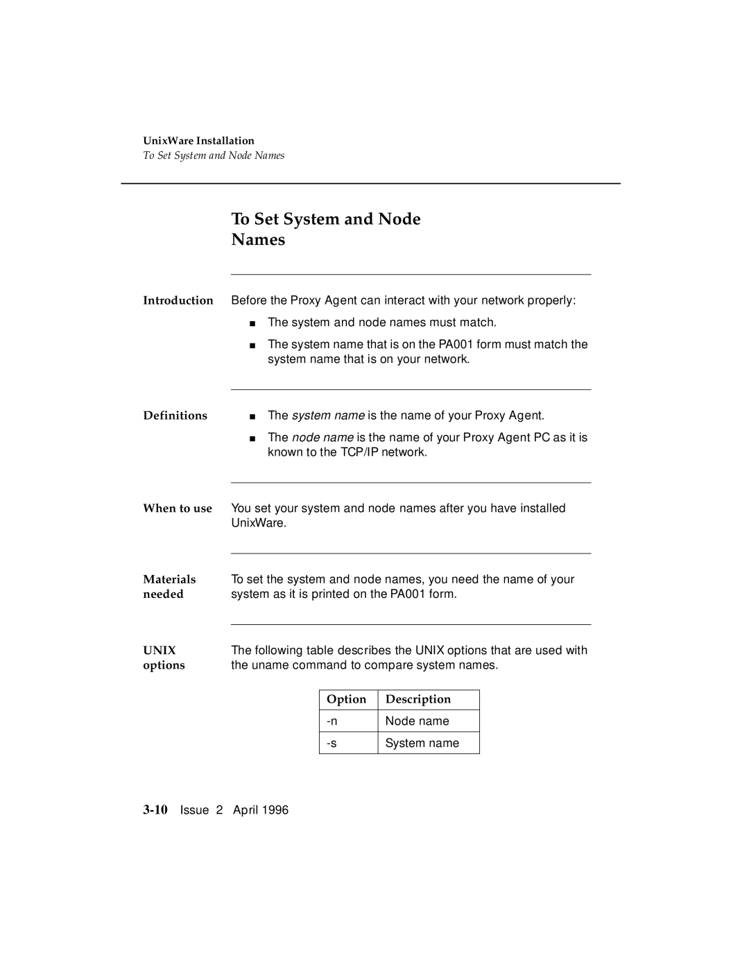 AT&T G3 manual To Set System and Node Names, Definitions, When to use, Options, Option Description 