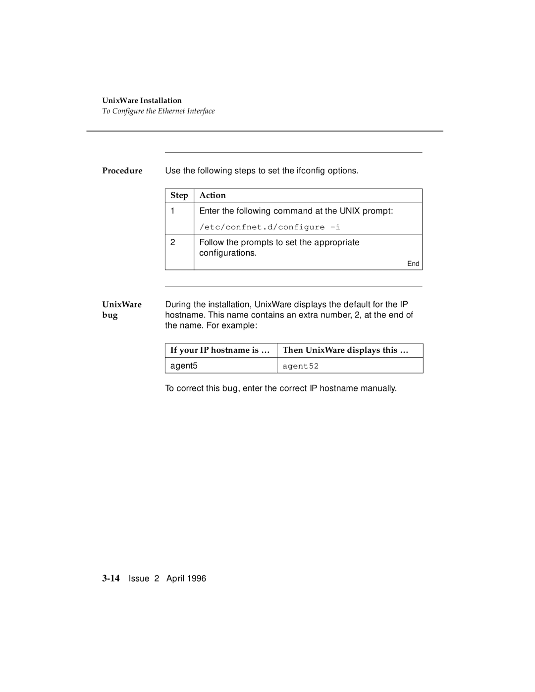 AT&T G3 manual If your IP hostname is … Then UnixWare displays this …, Agent5 