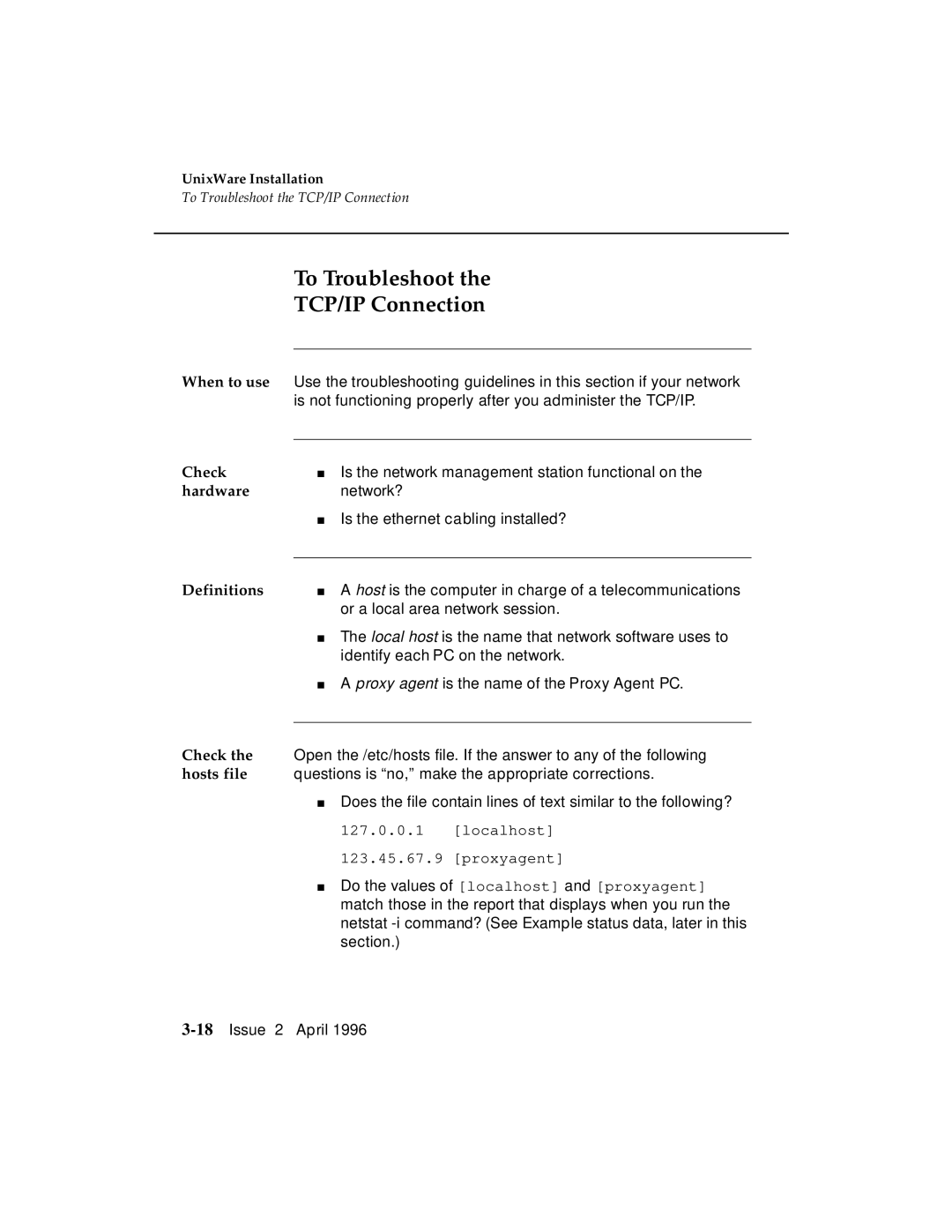 AT&T G3 manual To Troubleshoot TCP/IP Connection, Check, Hardware, Hosts file 