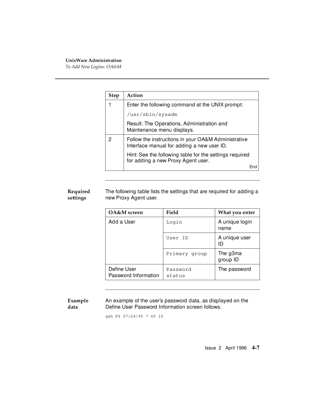 AT&T G3 manual Required, Settings, OA&M screen Field What you enter, Data 