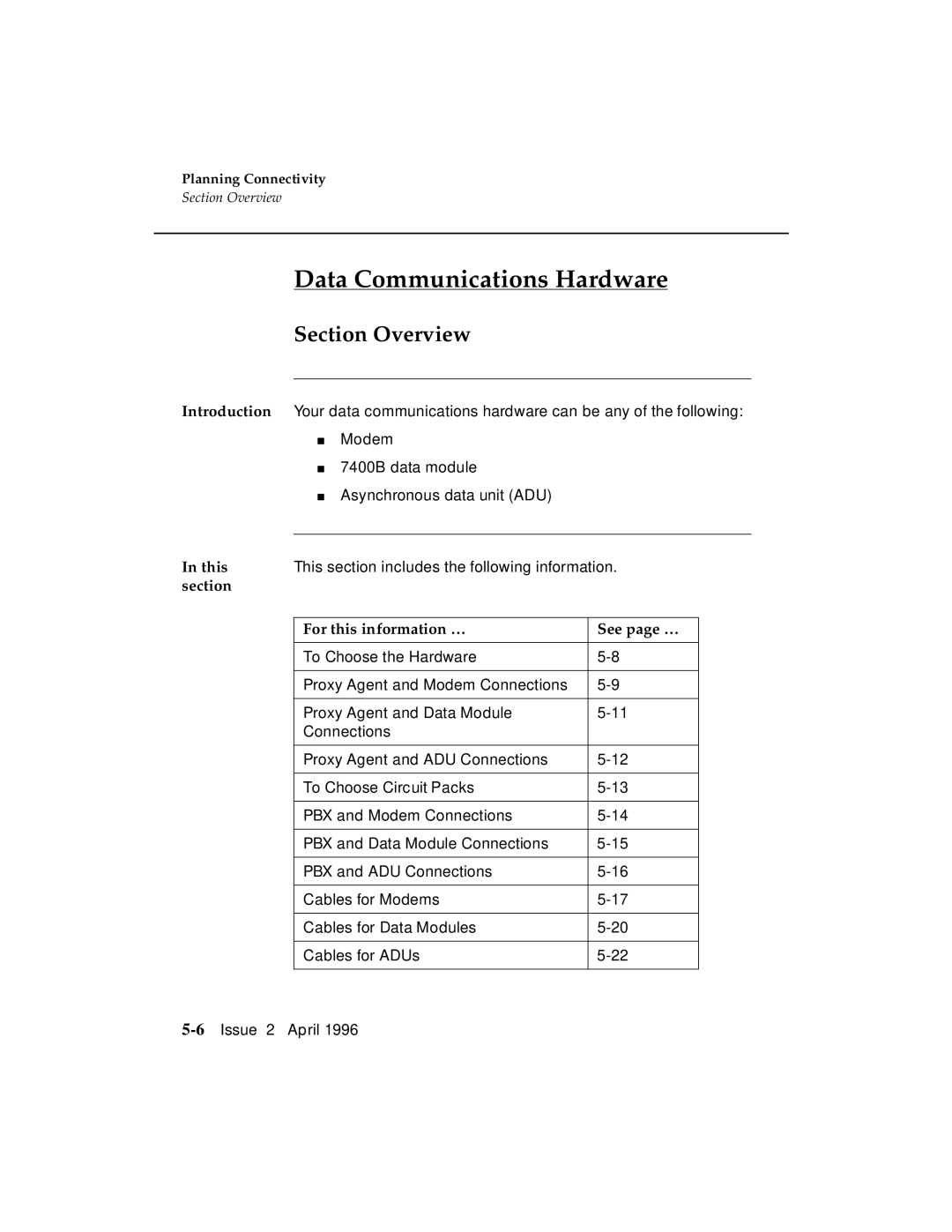 AT&T G3 manual Data Communications Hardware, Section Overview 