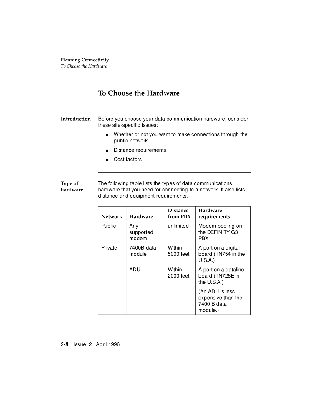 AT&T G3 manual To Choose the Hardware, Type, Distance Hardware Network From PBX Requirements 