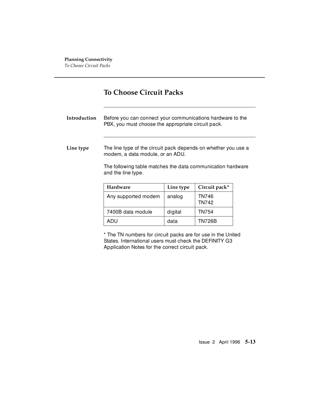 AT&T G3 manual To Choose Circuit Packs, Hardware Line type Circuit pack 