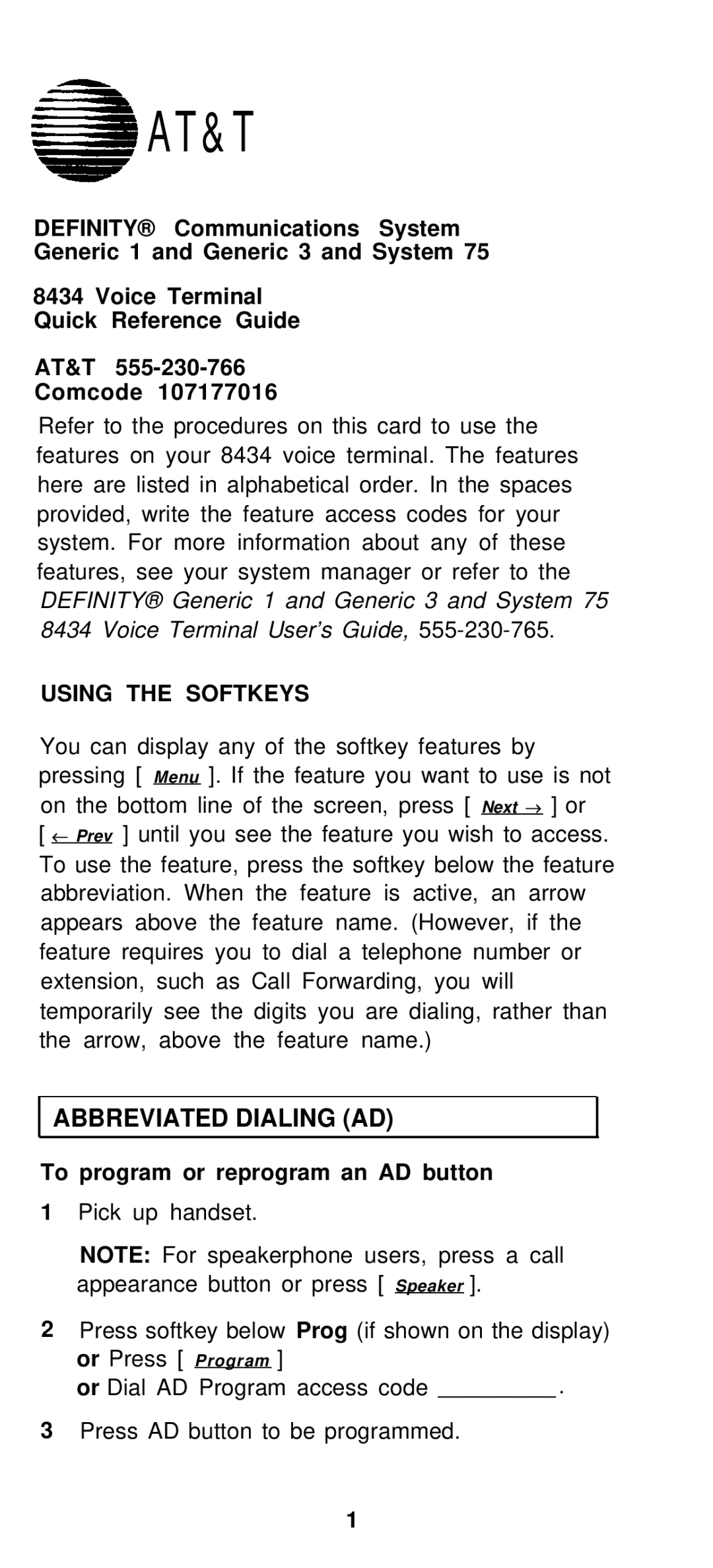 AT&T Generic 3 manual Abbreviated Dialing AD, To program or reprogram an AD button 