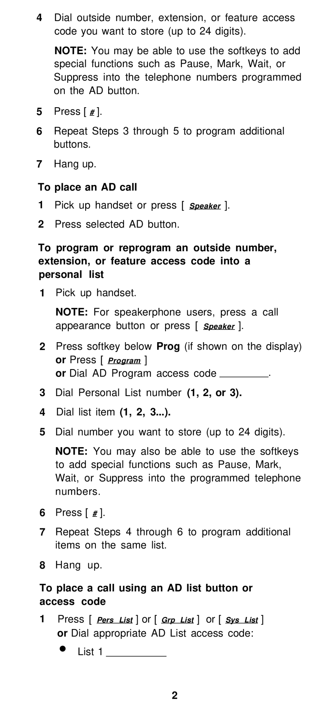 AT&T Generic 3 manual To place an AD call, To place a call using an AD list button or access code 