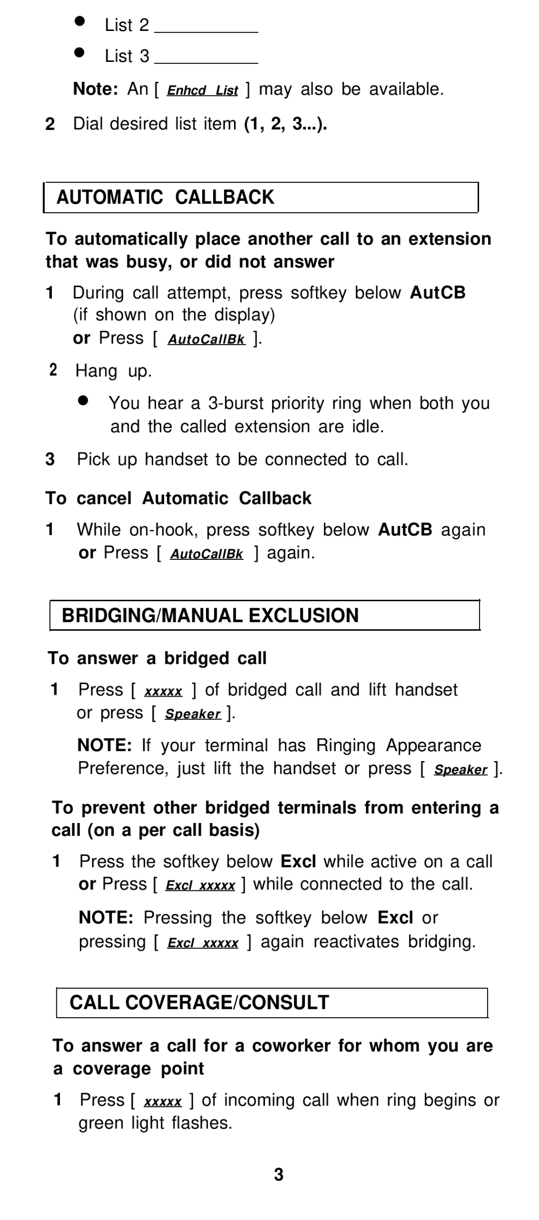 AT&T Generic 3 manual BRIDGING/MANUAL Exclusion, Call COVERAGE/CONSULT, To cancel Automatic Callback 