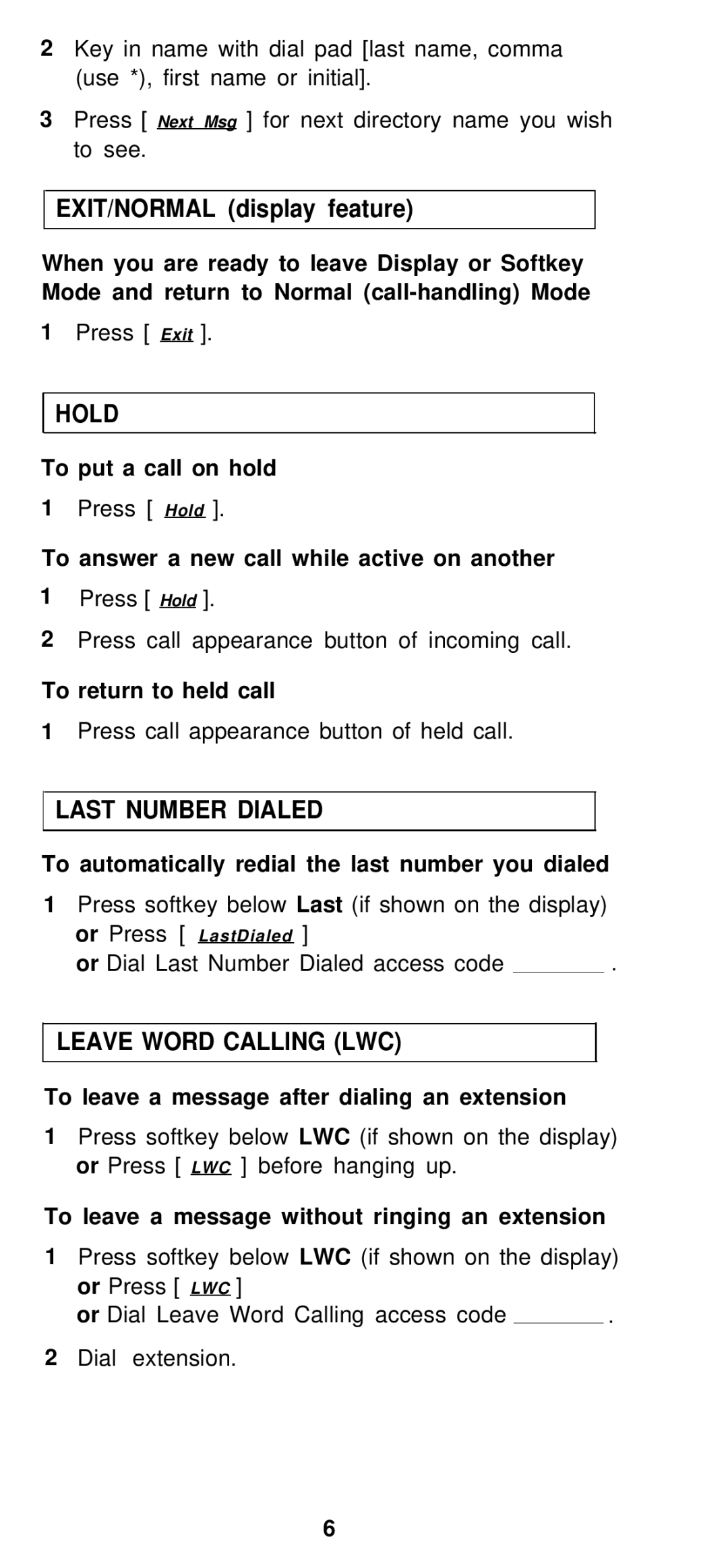 AT&T Generic 3 manual EXIT/NORMAL display feature, Hold, Last Number Dialed, Leave Word Calling LWC 