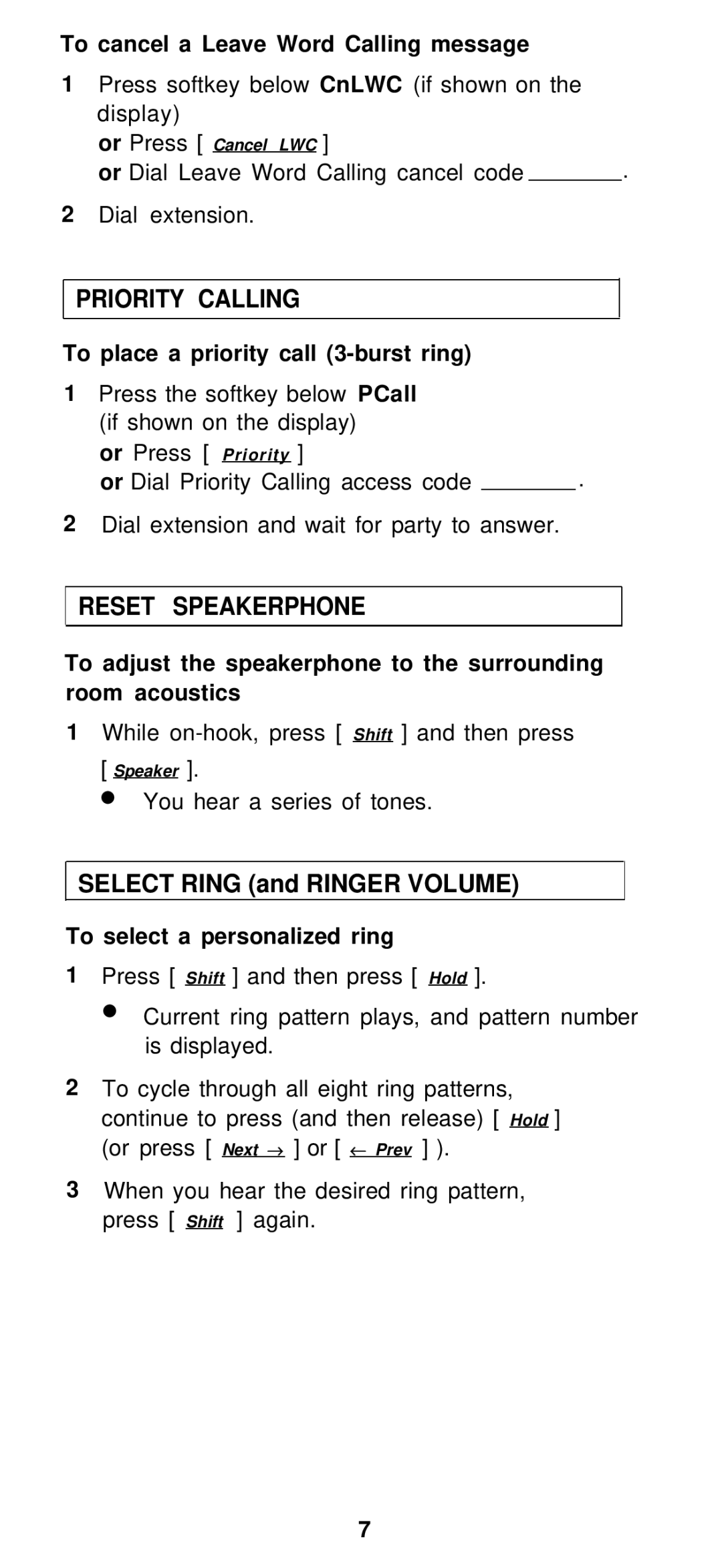 AT&T Generic 3 Priority Calling, Reset Speakerphone, Select Ring and Ringer Volume, To cancel a Leave Word Calling message 