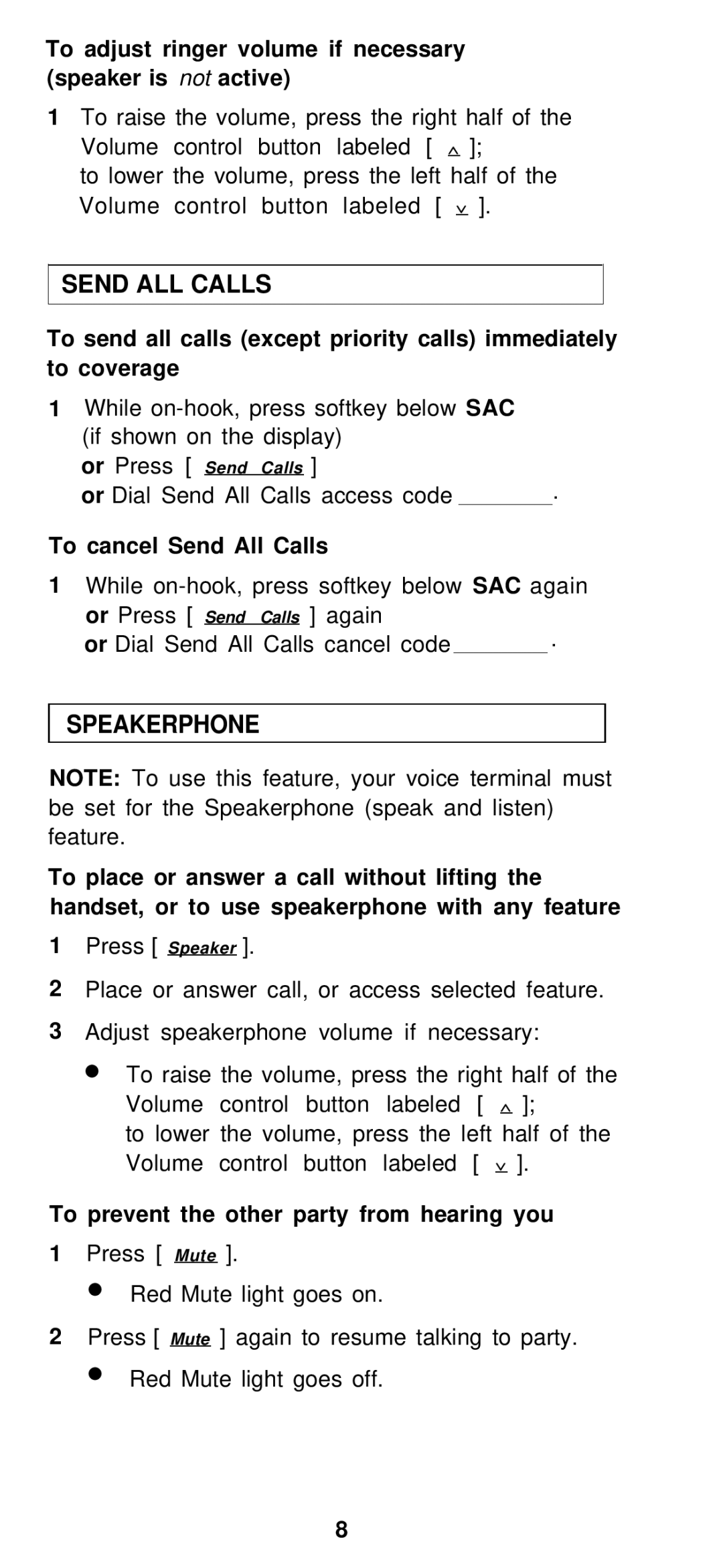 AT&T Generic 3 manual Send ALL Calls, Speakerphone, To adjust ringer volume if necessary speaker is not active 