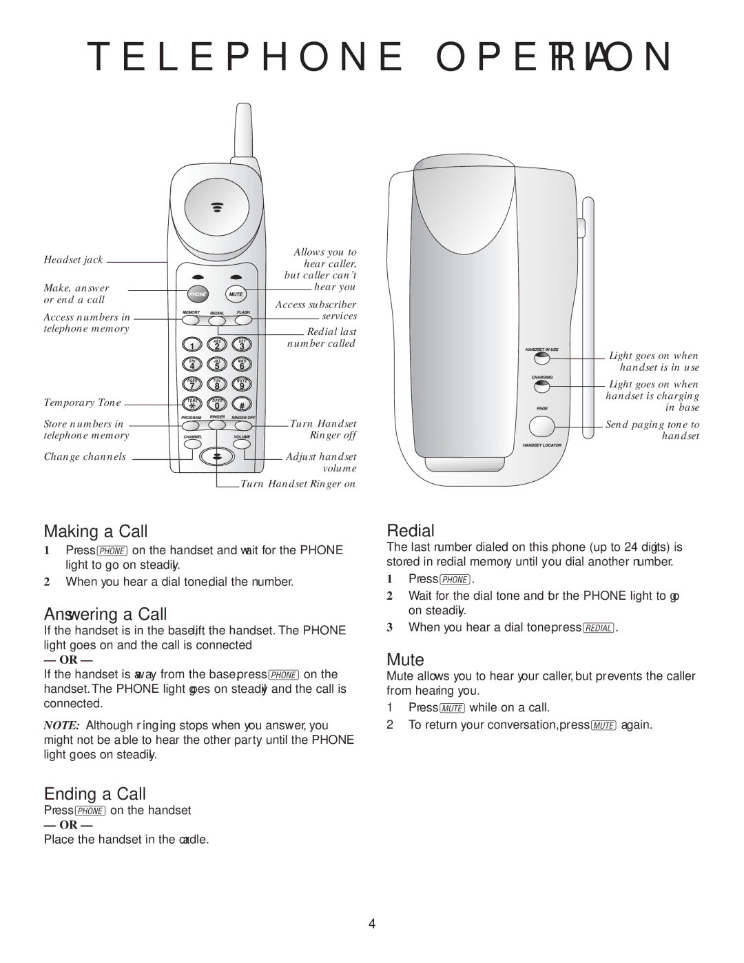 AT&T HS-8200 user manual Making a Call, Answering a Call, Ending a Call, Redial, Mute 