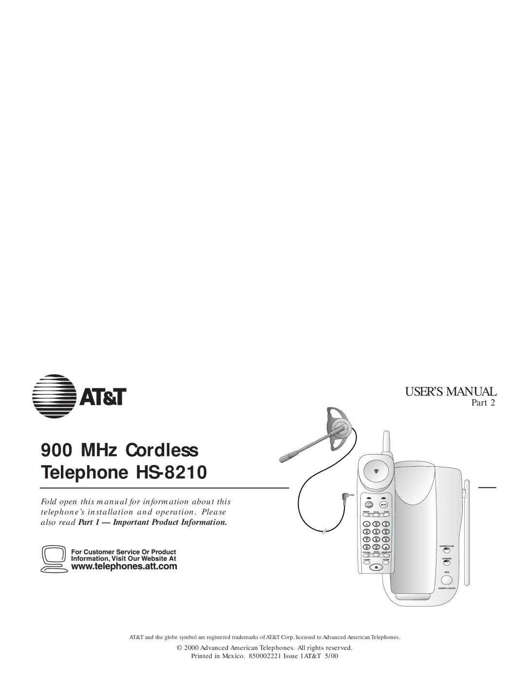 AT&T user manual MHz Cordless Telephone HS-8210 