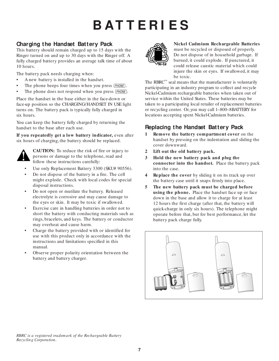 AT&T HS-8210 user manual T T E R I E S, Charging the Handset Battery Pack, Replacing the Handset Battery Pack 