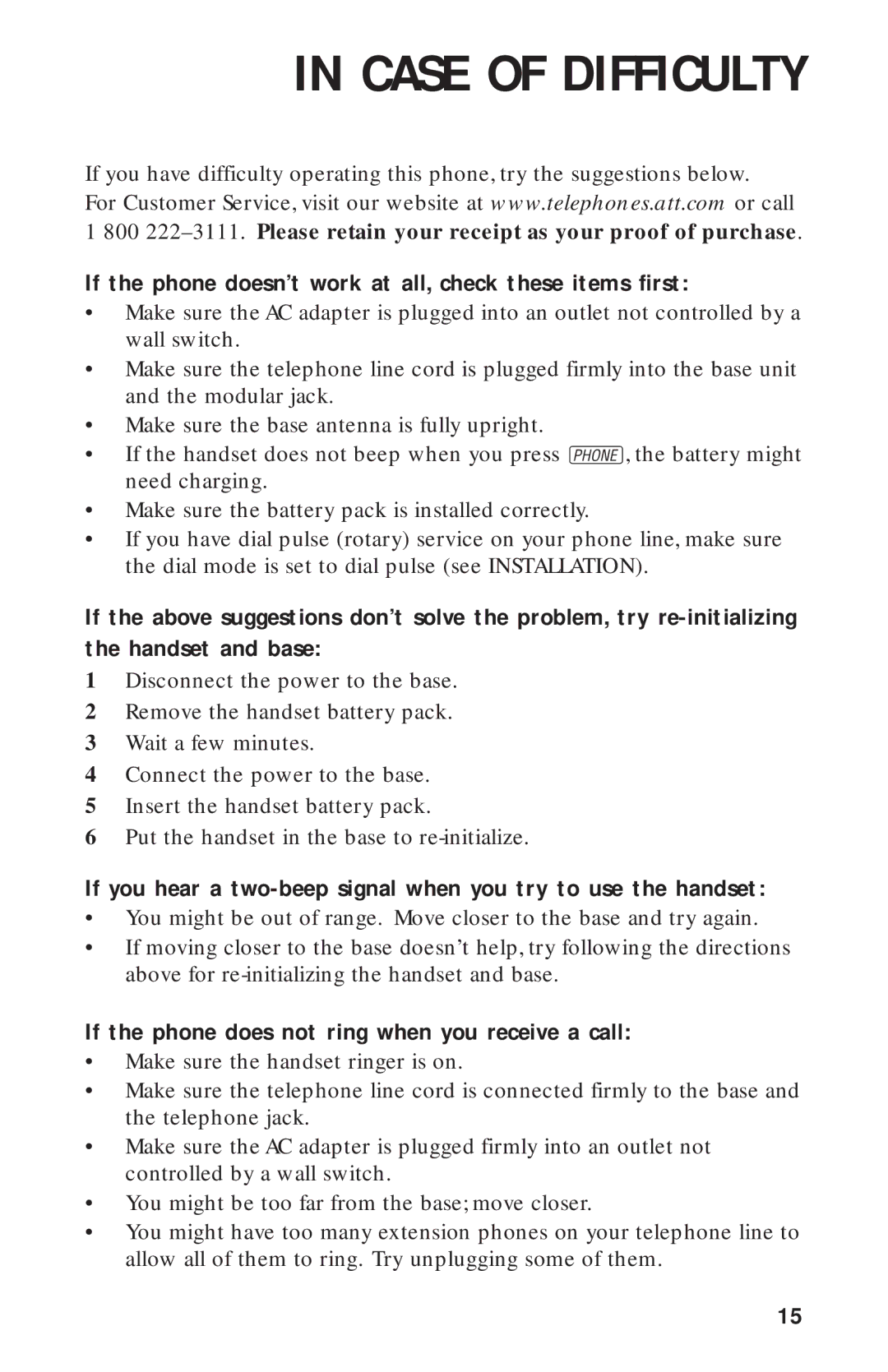 AT&T HS-8211 user manual Case of Difficulty, If the phone doesn’t work at all, check these items first 