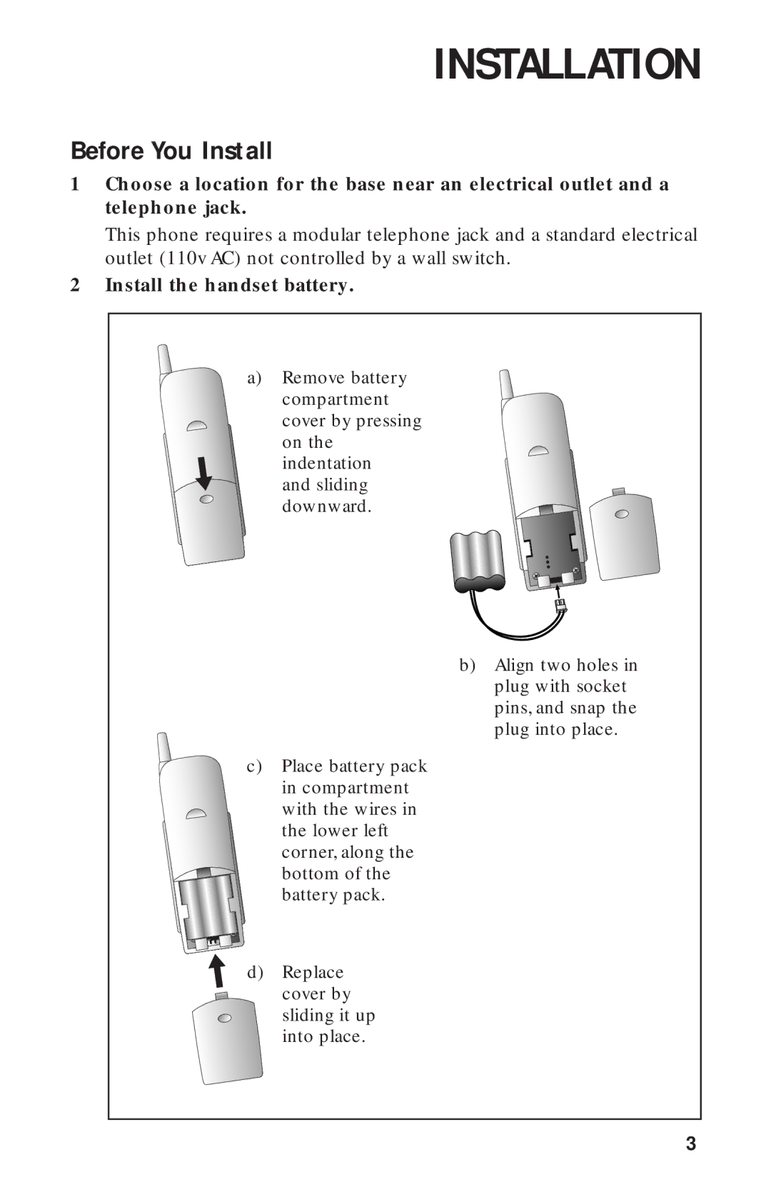 AT&T HS-8211 user manual Installation, Before You Install, Install the handset battery 