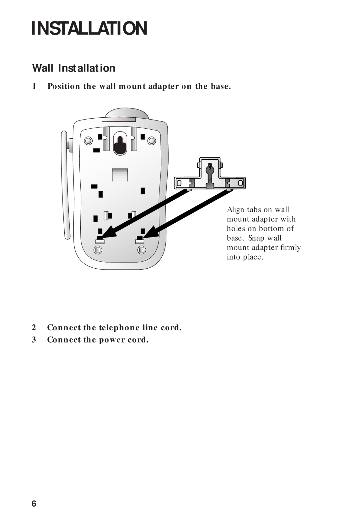 AT&T HS-8211 user manual Wall Installation, Position the wall mount adapter on the base 