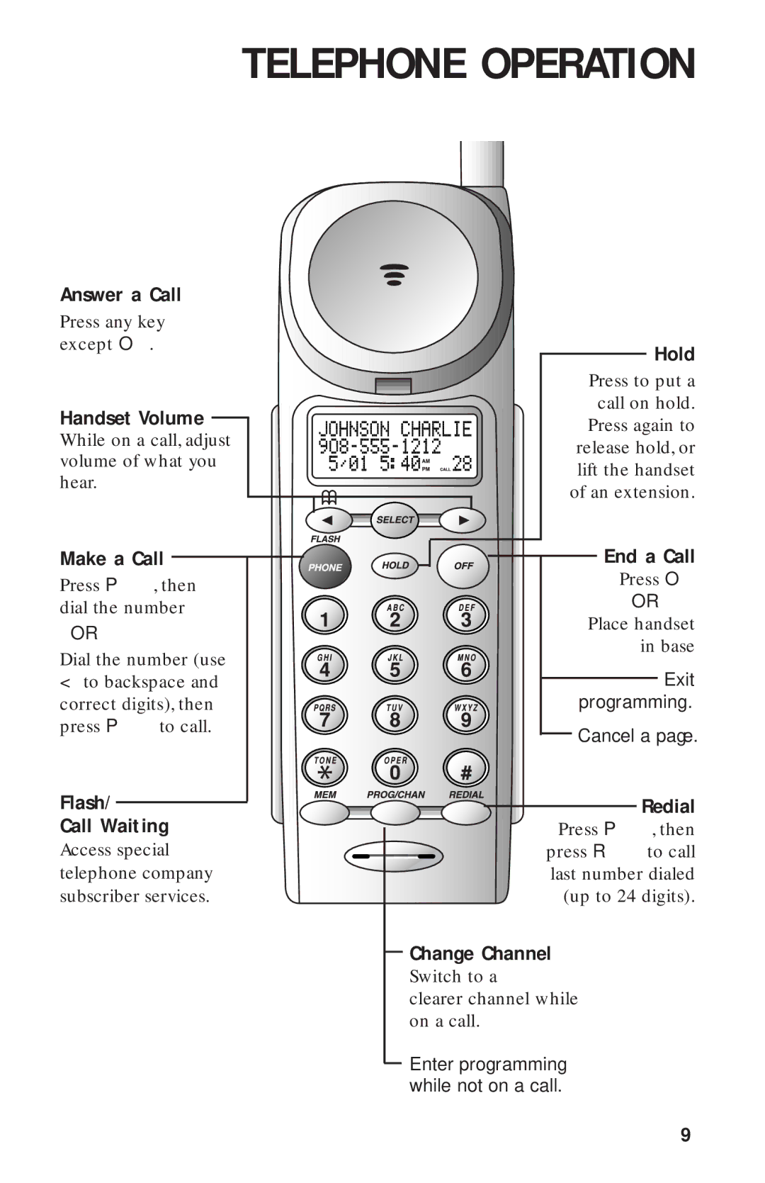 AT&T HS-8241 Answer a Call, Handset Volume, Make a Call, Flash Call Waiting, Hold, End a Call, Redial, Change Channel 