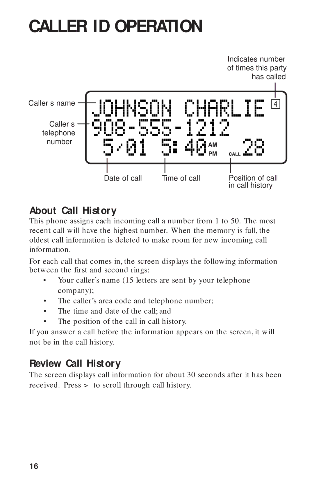 AT&T HS-8241 user manual Caller ID Operation, About Call History, Review Call History 