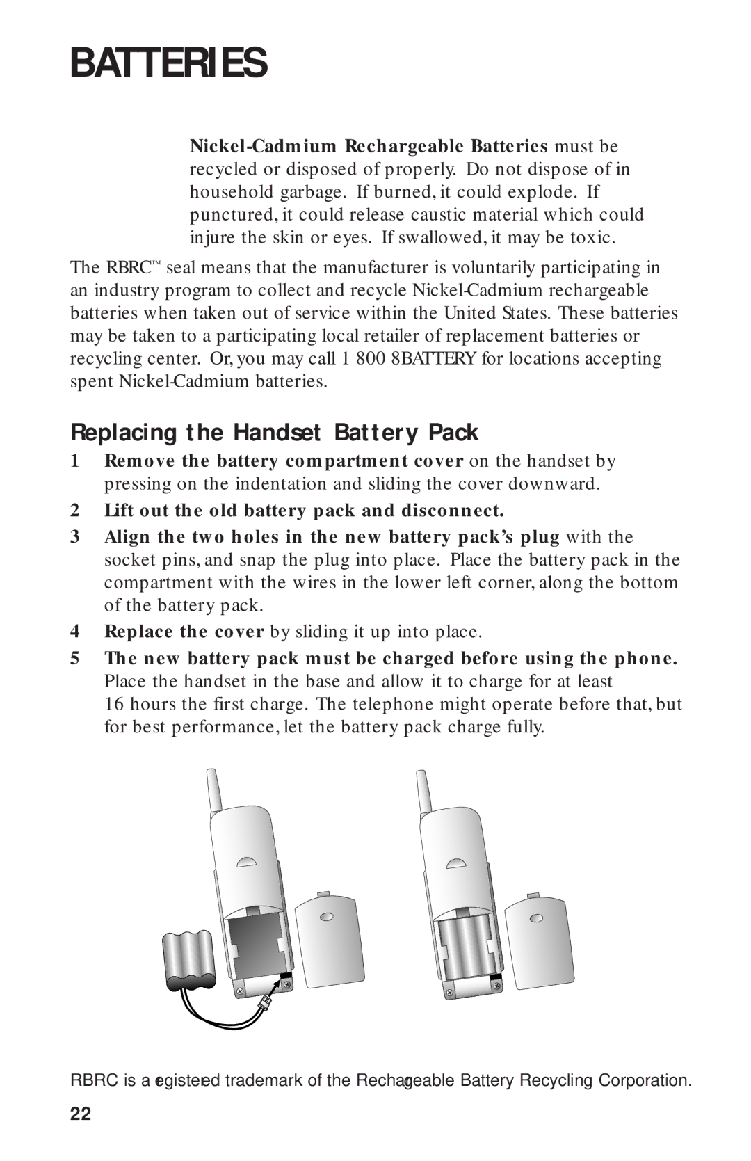 AT&T HS-8241 user manual Replacing the Handset Battery Pack 