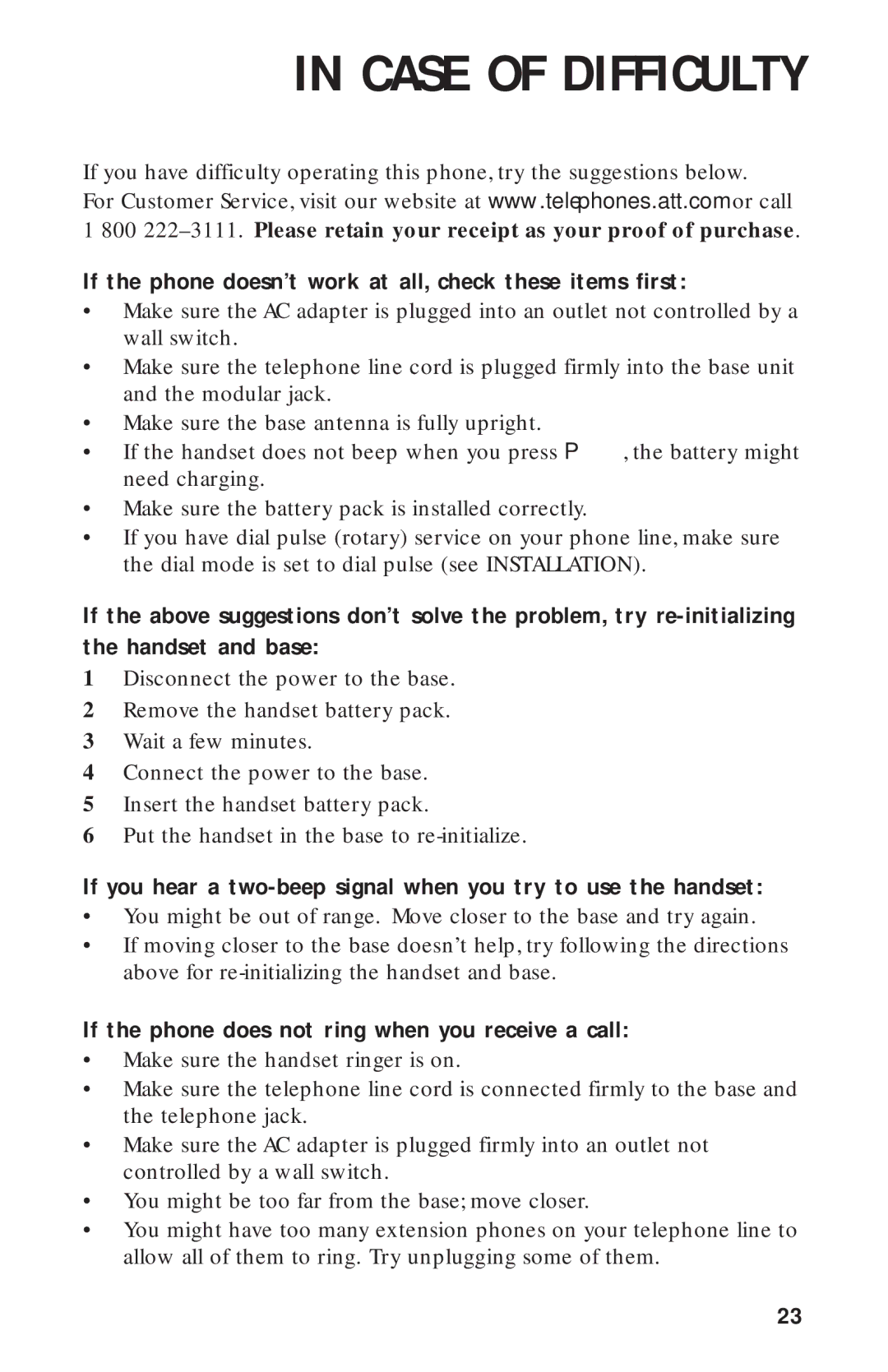 AT&T HS-8241 user manual Case of Difficulty, If the phone doesn’t work at all, check these items first 