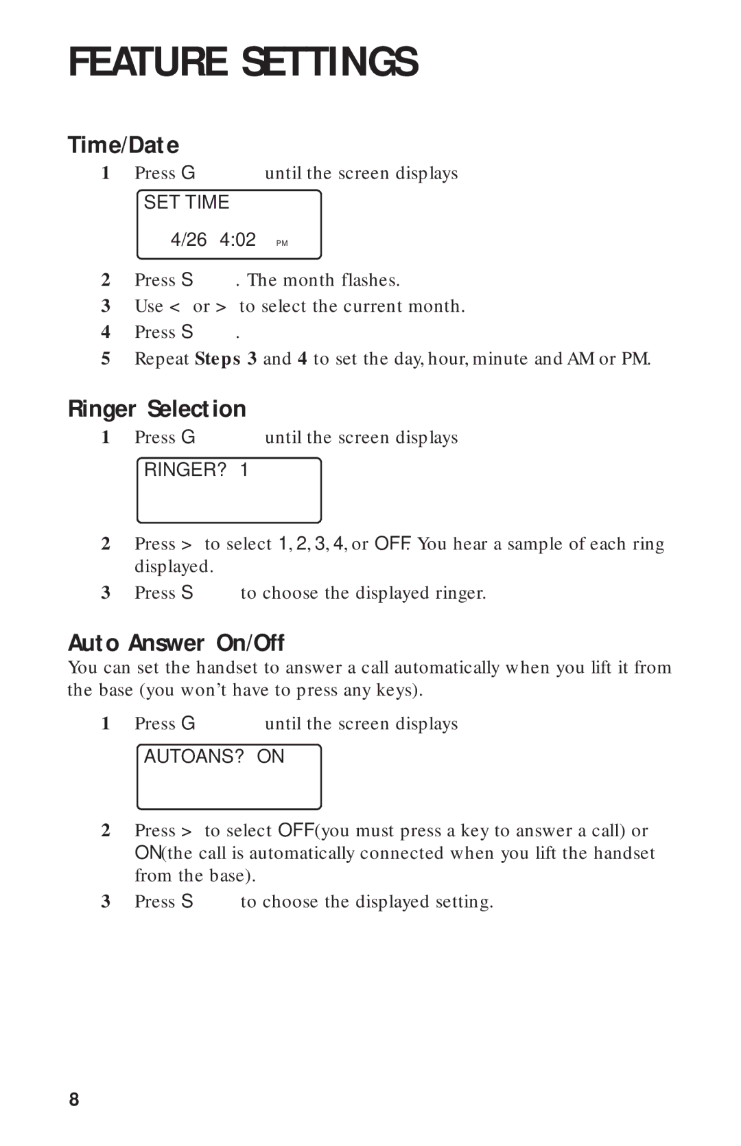 AT&T HS-8241 user manual Feature Settings, Time/Date, Ringer Selection, Auto Answer On/Off 