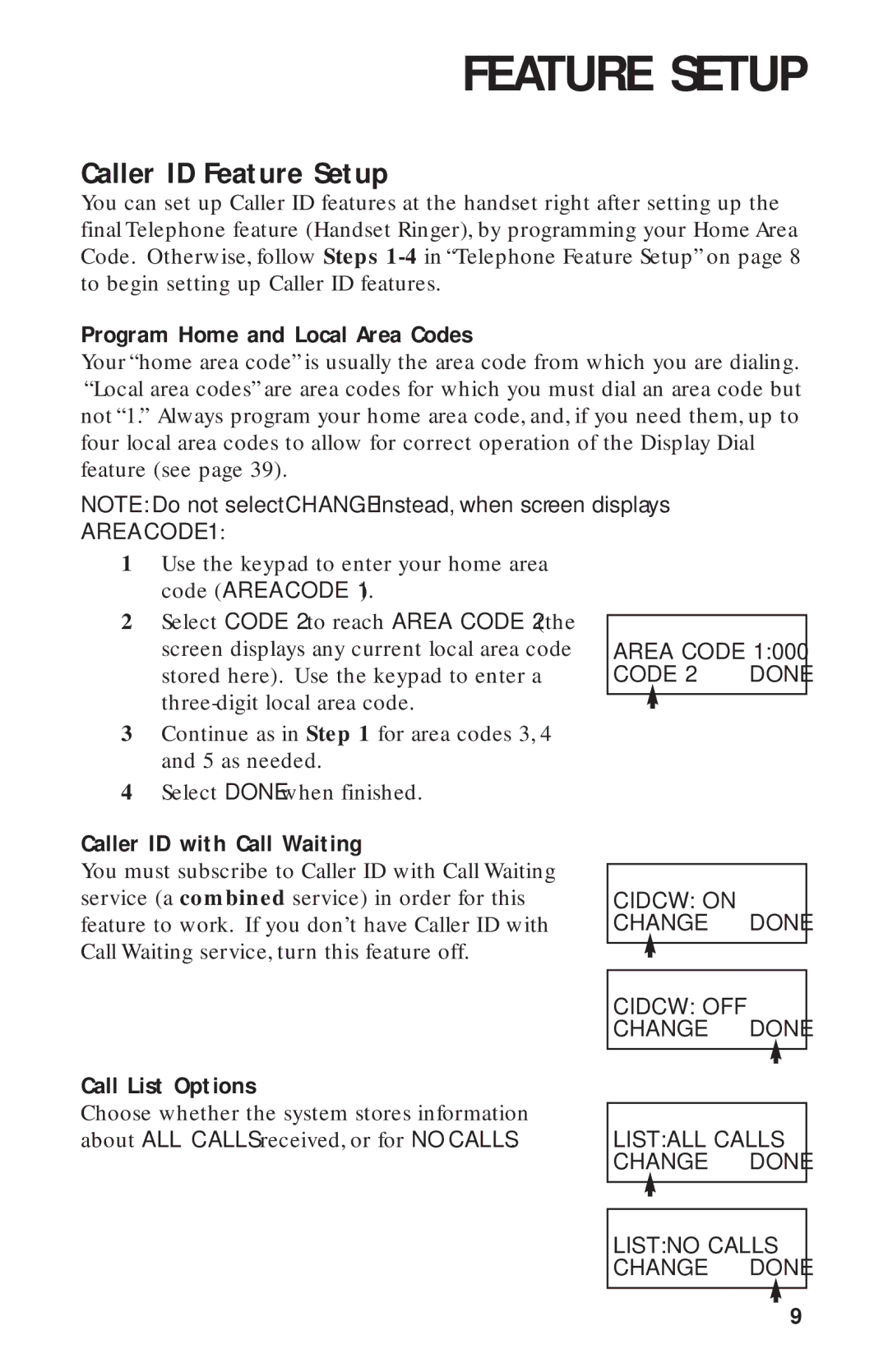 AT&T HS-8270 Caller ID Feature Setup, Program Home and Local Area Codes, Caller ID with Call Waiting, Call List Options 