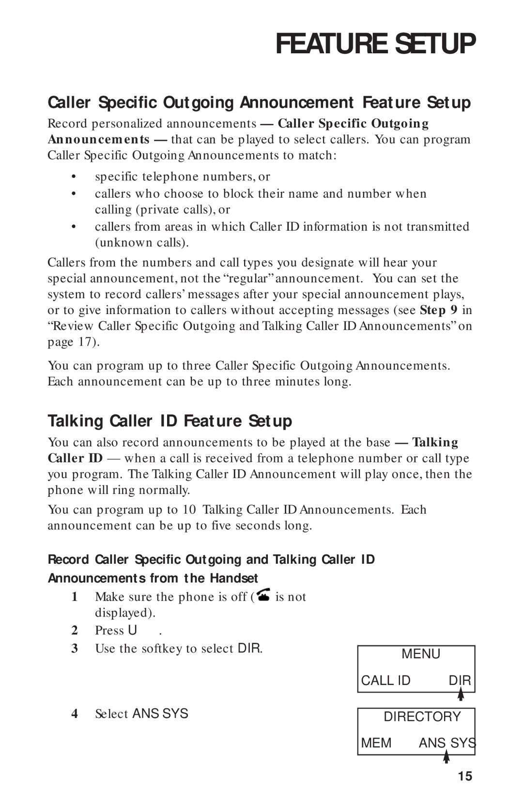 AT&T HS-8270 user manual Talking Caller ID Feature Setup, Caller Specific Outgoing Announcement Feature Setup 