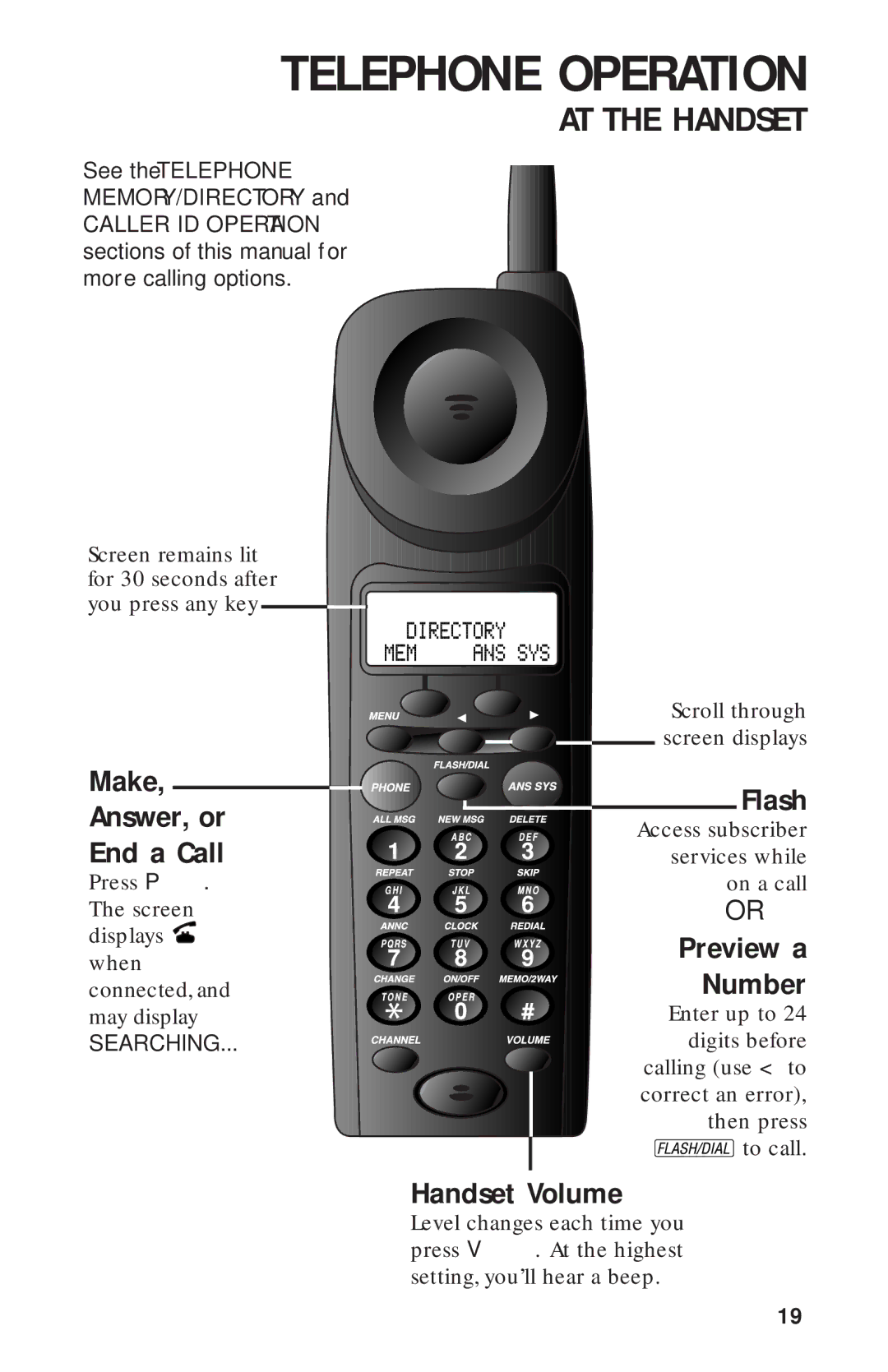 AT&T HS-8270 user manual Make Answer, or End a Call, Flash, Preview a, Number, Handset Volume 