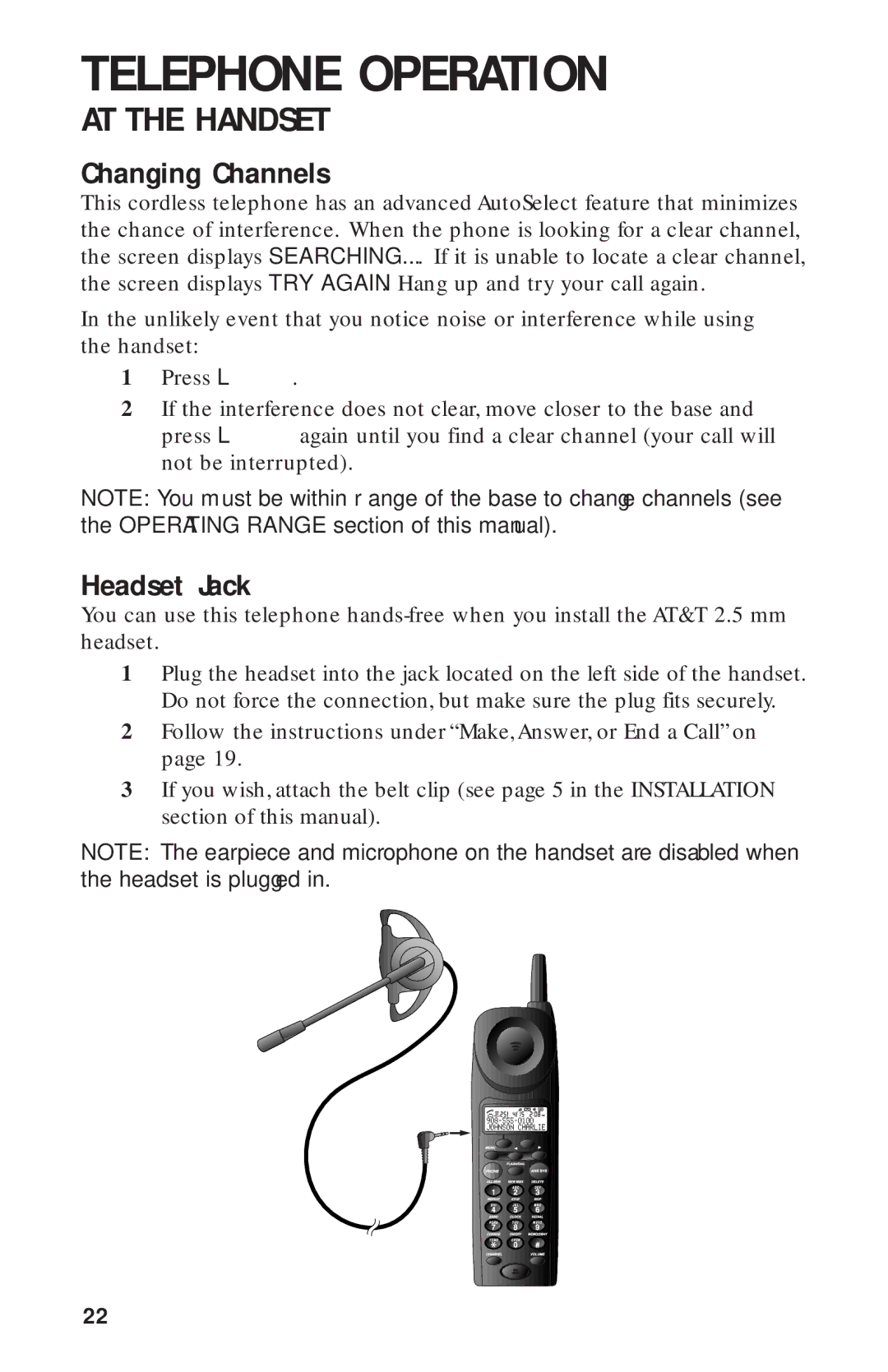 AT&T HS-8270 user manual Changing Channels, Headset Jack 