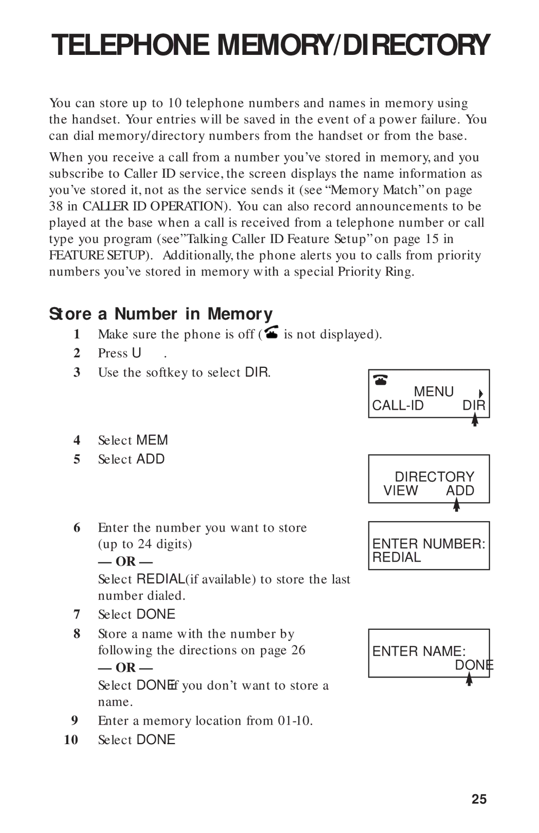 AT&T HS-8270 user manual Telephone MEMORY/DIRECTORY, Store a Number in Memory 